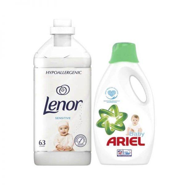 Detergent lichid Ariel Baby 1.1l, 20 spalari + Balsam de rufe Lenor Sensitive 1.9l, 63 spalari